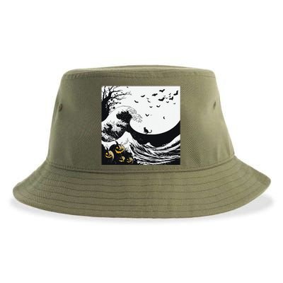 Night Of Terror Bats Fly Over Pumpkin Wave Sustainable Bucket Hat