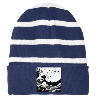 Night Of Terror Bats Fly Over Pumpkin Wave Striped Beanie with Solid Band