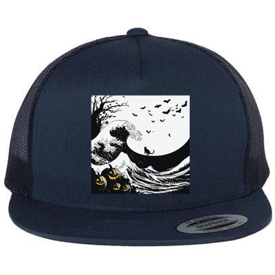 Night Of Terror Bats Fly Over Pumpkin Wave Flat Bill Trucker Hat