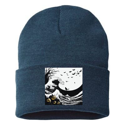 Night Of Terror Bats Fly Over Pumpkin Wave Sustainable Knit Beanie