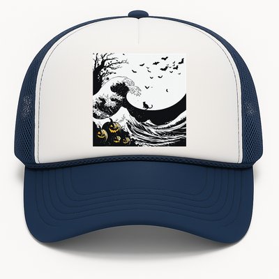 Night Of Terror Bats Fly Over Pumpkin Wave Trucker Hat