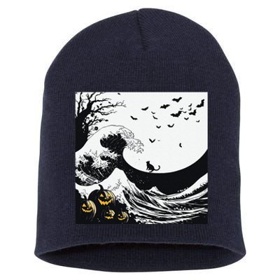 Night Of Terror Bats Fly Over Pumpkin Wave Short Acrylic Beanie