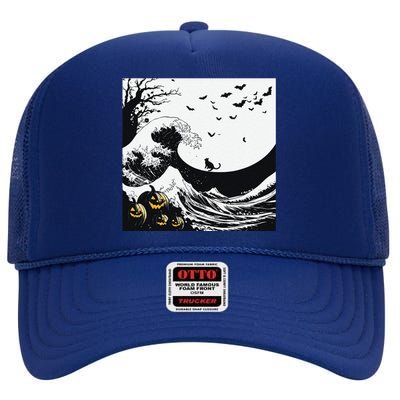 Night Of Terror Bats Fly Over Pumpkin Wave High Crown Mesh Back Trucker Hat