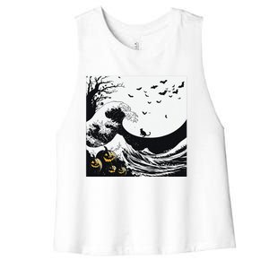 Night Of Terror Bats Fly Over Pumpkin Wave Women's Racerback Cropped Tank