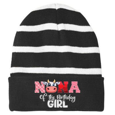 Nana of The Birthday Cow Family Cow Farm Matching Striped Beanie with Solid Band