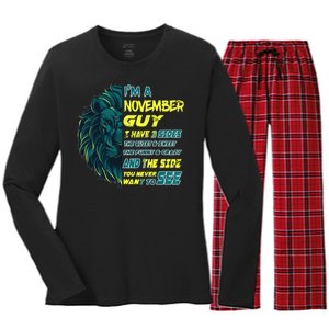 November Birthday Guy Has 3 Sides Sweet Funny Crazy  Women's Long Sleeve Flannel Pajama Set 