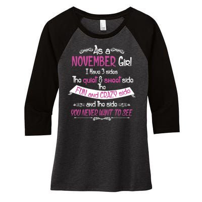 November Girl Sweet But Crazy Funny Birthday Women's Tri-Blend 3/4-Sleeve Raglan Shirt