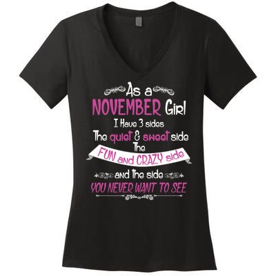 November Girl Sweet But Crazy Funny Birthday Women's V-Neck T-Shirt