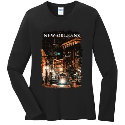 New Orleans Watercolor Ladies Long Sleeve Shirt