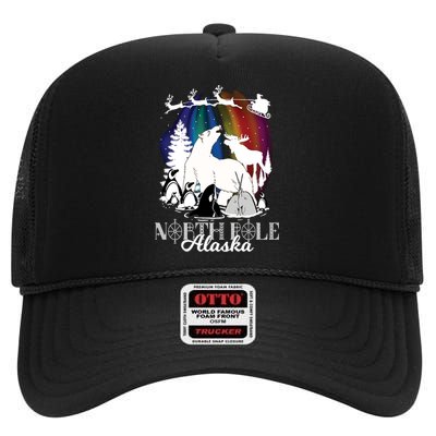 North Pole Alaska Aurora Borealis Christmas Xmas High Crown Mesh Back Trucker Hat