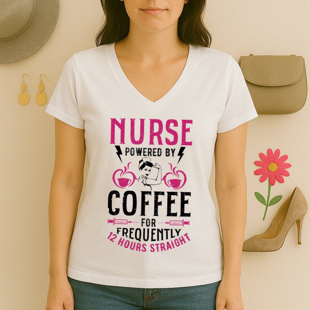 Nurse Powered By Coffee For Frequently 12 Hours Straight Women's V-Neck T-Shirt