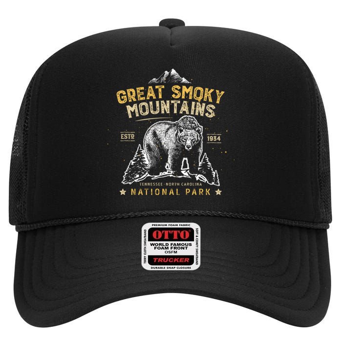 National Park Bear Vintage Great Smoky Mountains High Crown Mesh Back Trucker Hat