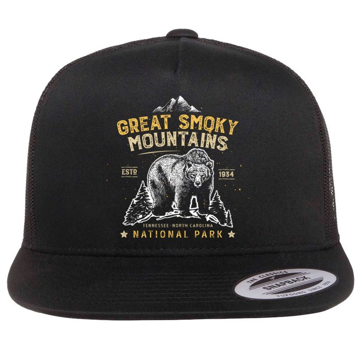 National Park Bear Vintage Great Smoky Mountains Flat Bill Trucker Hat