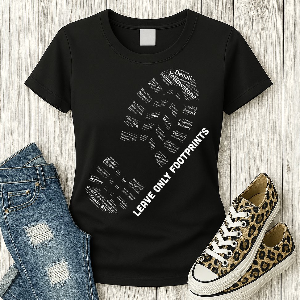 National Parks Boot Print Listing All National Parks Womens T-Shirt