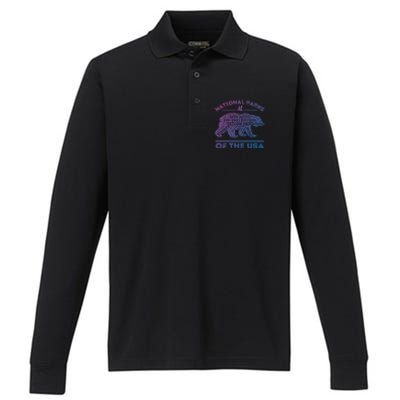 National Parks Bear Hiking Travel Camping Outdoors Retro Usa Cool Gift Performance Long Sleeve Polo