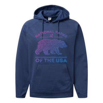 National Parks Bear Hiking Travel Camping Outdoors Retro Usa Cool Gift Performance Fleece Hoodie