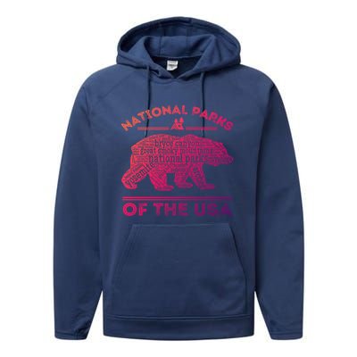 National Parks Bear Hiking Travel Camping Outdoors Retro Usa Cool Gift Performance Fleece Hoodie