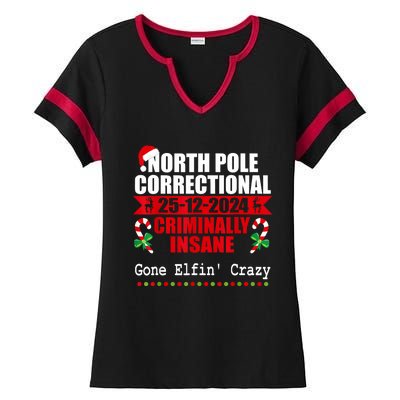 North Pole Correctional Christmas Criminally Insane Gone Elf Ladies Halftime Notch Neck Tee