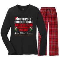 North Pole Correctional Christmas Criminally Insane Gone Elf Women's Long Sleeve Flannel Pajama Set 