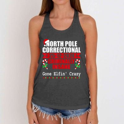 North Pole Correctional Christmas Criminally Insane Gone Elf Women's Knotted Racerback Tank