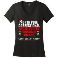 North Pole Correctional Christmas Criminally Insane Gone Elf Women's V-Neck T-Shirt