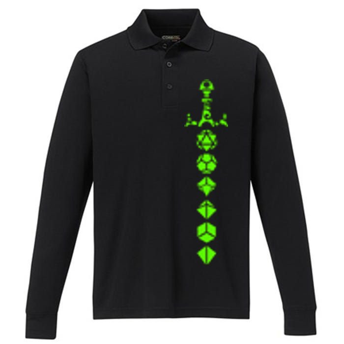 Nerdy Polyhedral Dice Set Sword Geeky Minimalist D20 Performance Long Sleeve Polo