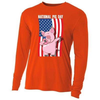 National Pig Day Dabbing Usa Flag Gift Cooling Performance Long Sleeve Crew