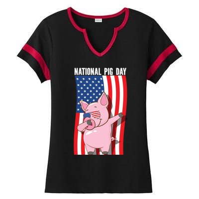 National Pig Day Dabbing Usa Flag Gift Ladies Halftime Notch Neck Tee