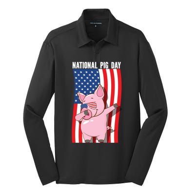 National Pig Day Dabbing Usa Flag Gift Silk Touch Performance Long Sleeve Polo