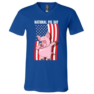 National Pig Day Dabbing Usa Flag Gift V-Neck T-Shirt