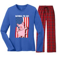 National Pig Day Dabbing Usa Flag Gift Women's Long Sleeve Flannel Pajama Set 