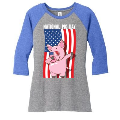 National Pig Day Dabbing Usa Flag Gift Women's Tri-Blend 3/4-Sleeve Raglan Shirt