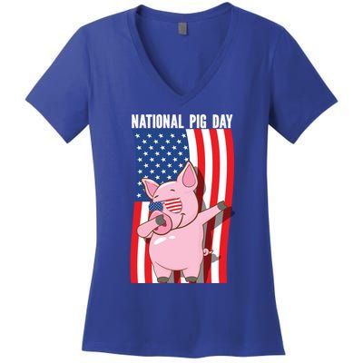 National Pig Day Dabbing Usa Flag Gift Women's V-Neck T-Shirt