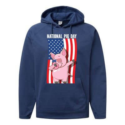 National Pig Day Dabbing Usa Flag Gift Performance Fleece Hoodie