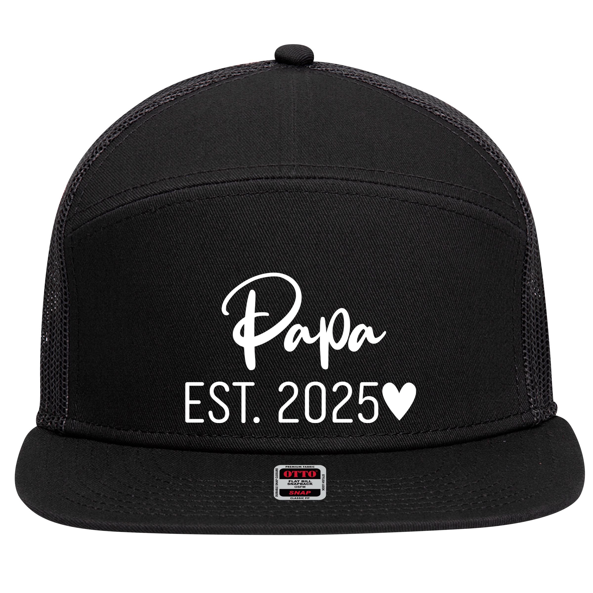 New Papa Est. 2025 7 Panel Mesh Trucker Snapback Hat