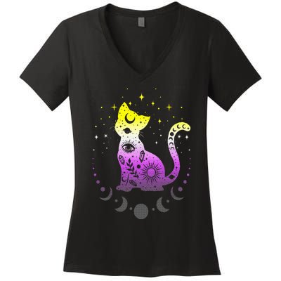 Nonbinary pride flag colors NonBinary astronomy cat Women's V-Neck T-Shirt