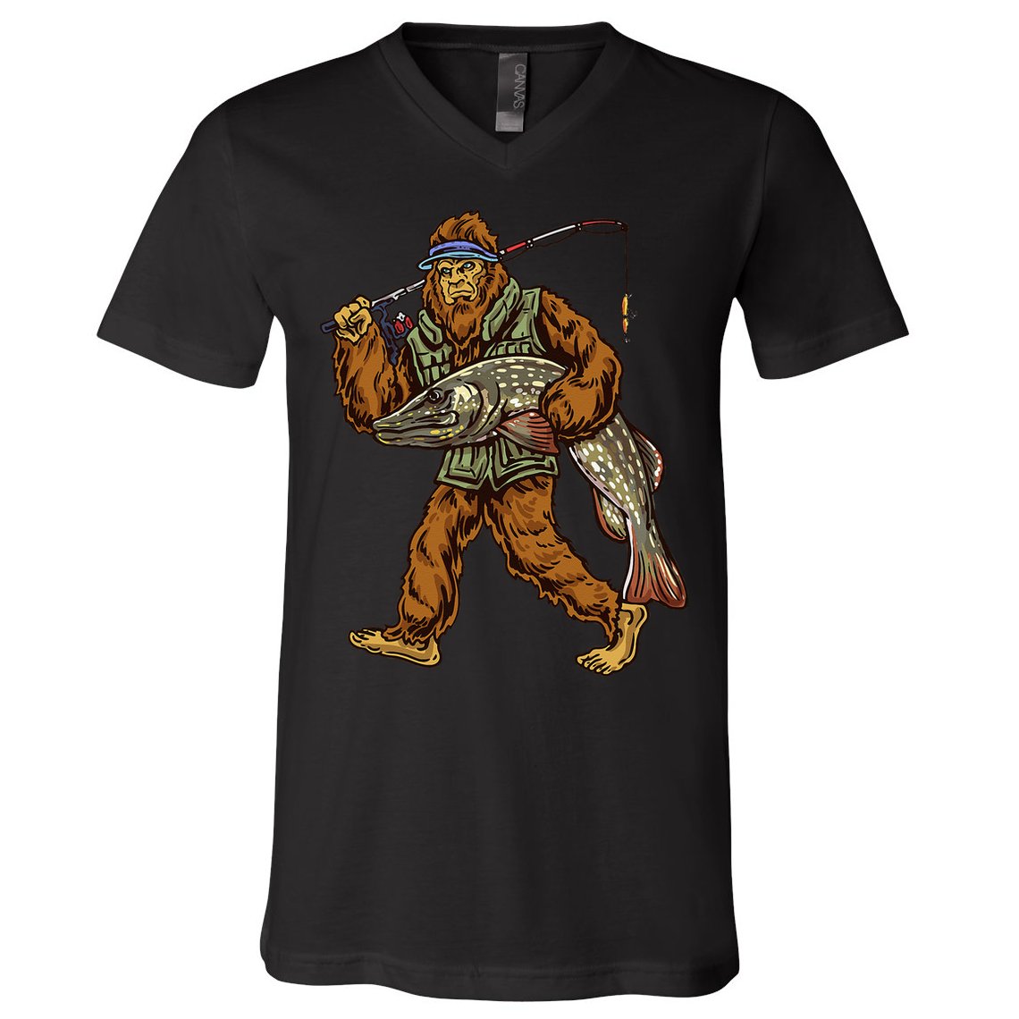 Northern Pike Fishing Bigfoot Hunting Fishermen V-Neck T-Shirt