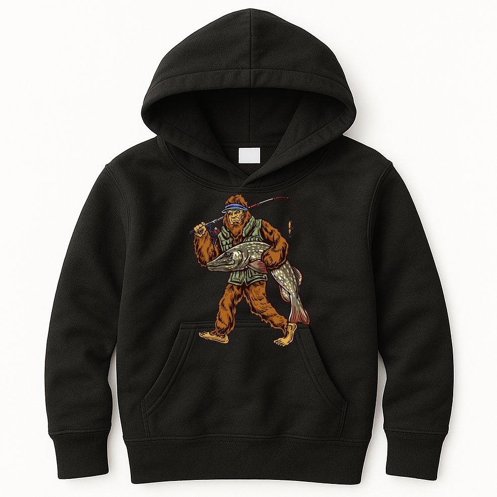 Northern Pike Fishing Bigfoot Hunting Fishermen Kids Hoodie