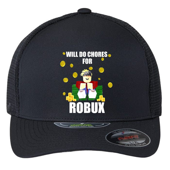 Noob & Professional Gamer Will Do Chores For Robux Funny Flexfit Unipanel Trucker Cap