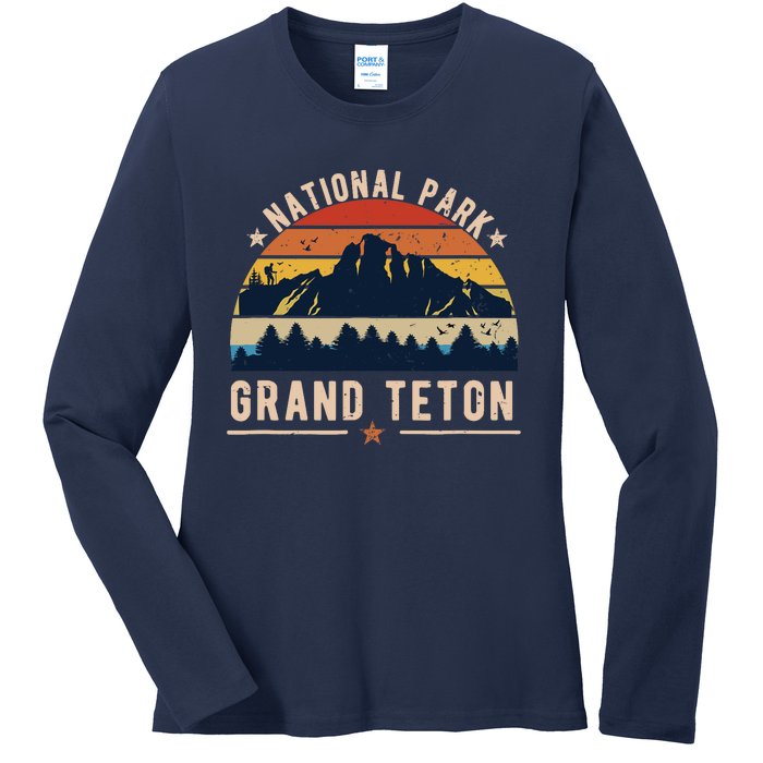 National Park Grand Teton Vintage Retro Souvenir Ladies Long Sleeve Shirt