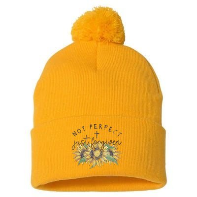 Not Perfect Just Forgiven Sunflower Christian Pom Pom 12in Knit Beanie