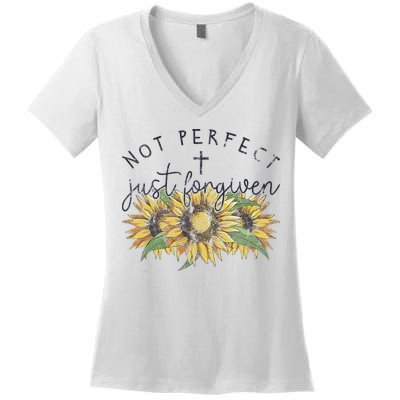 Not Perfect Just Forgiven Sunflower Christian Women's V-Neck T-Shirt
