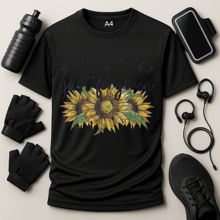 Not Perfect Just Forgiven Sunflower Christian Cooling Performance Crew T-Shirt