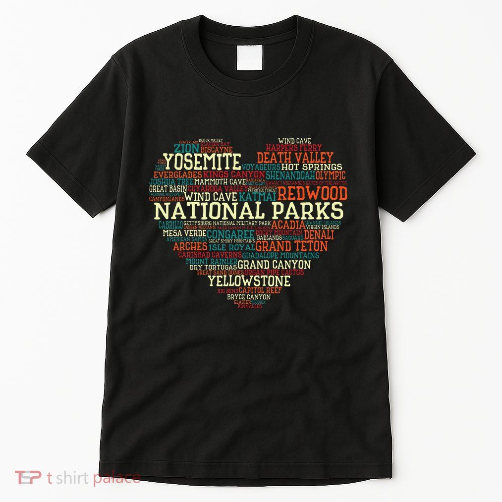 National Parks List Word Cloud Heart Camping Tall T-Shirt