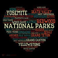 National Parks List Word Cloud Heart Camping Tall T-Shirt