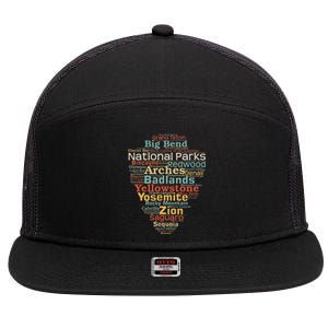 National Parks List Word Cloud Camping Hiking 7 Panel Mesh Trucker Snapback Hat