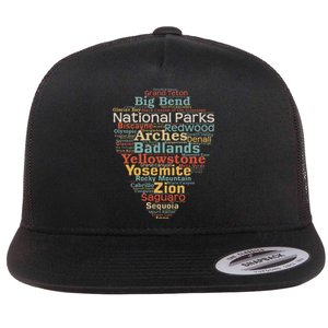 National Parks List Word Cloud Camping Hiking Flat Bill Trucker Hat