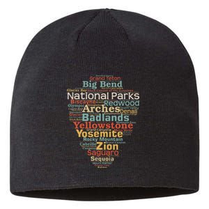 National Parks List Word Cloud Camping Hiking Sustainable Beanie