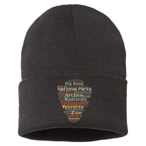 National Parks List Word Cloud Camping Hiking Sustainable Knit Beanie