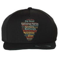 National Parks List Word Cloud Camping Hiking Wool Snapback Cap